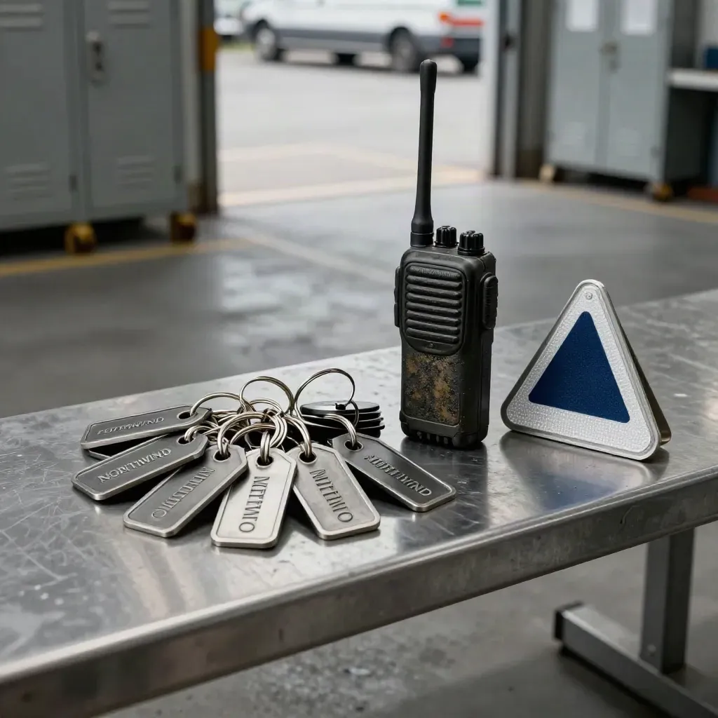 Depot key tags, handheld radio and route marker on brushed steel in cool haze