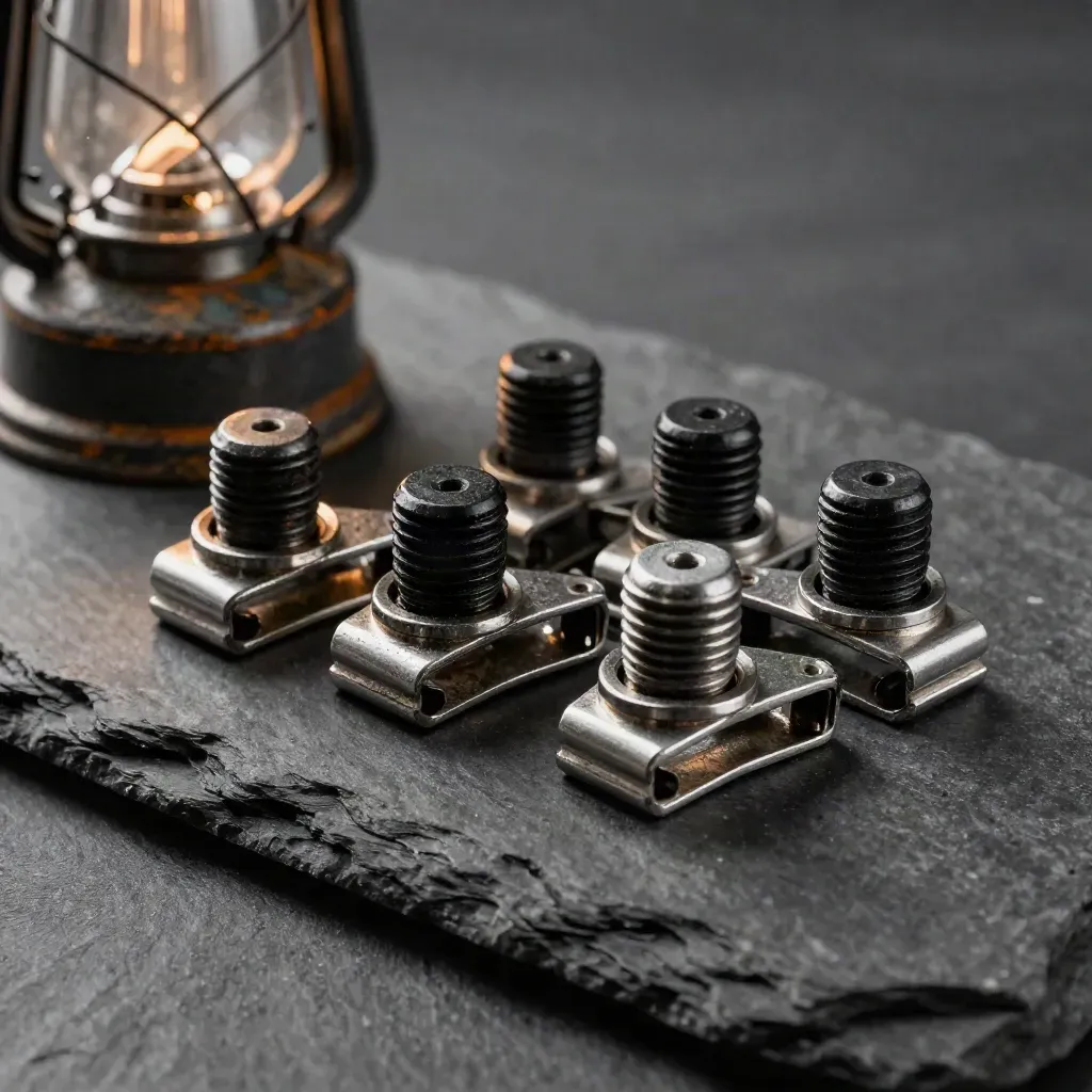 Macro still life of rail clips, lantern shell, and coupling pins on dark slate.