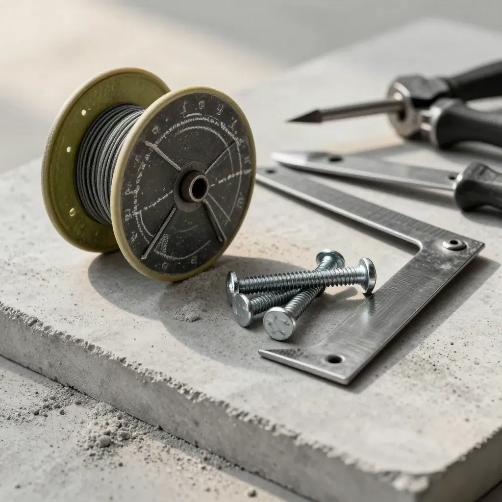 Chalk line reel, carpenter’s square, and anchor bolts on pale concrete, premium build still life.