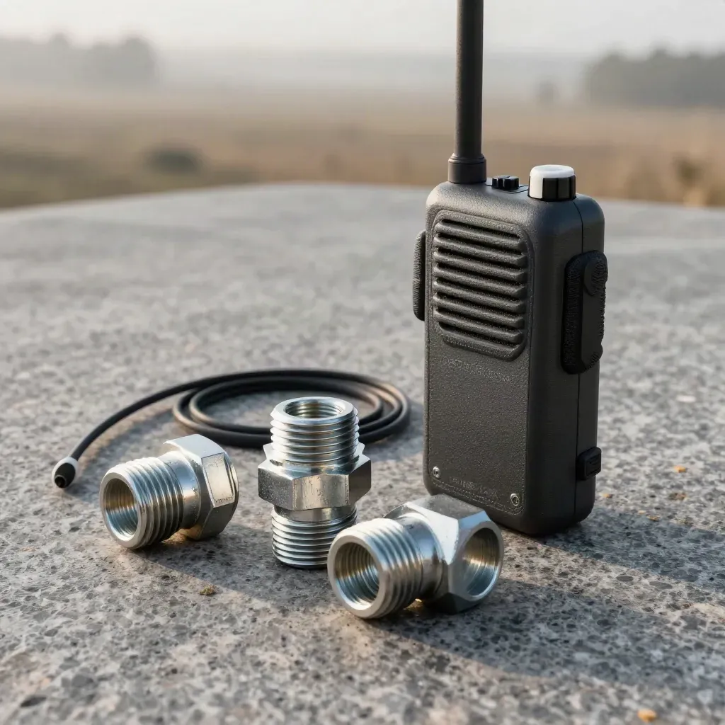 Weatherproof radio, cable ties, and conduit fittings on stone in soft side light.