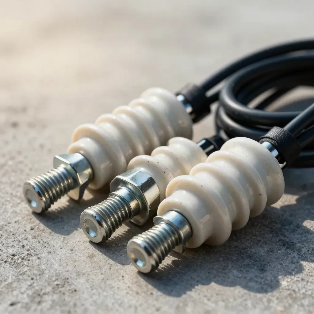 Ceramic insulators, bolts, and cable ties on brushed concrete in soft light.