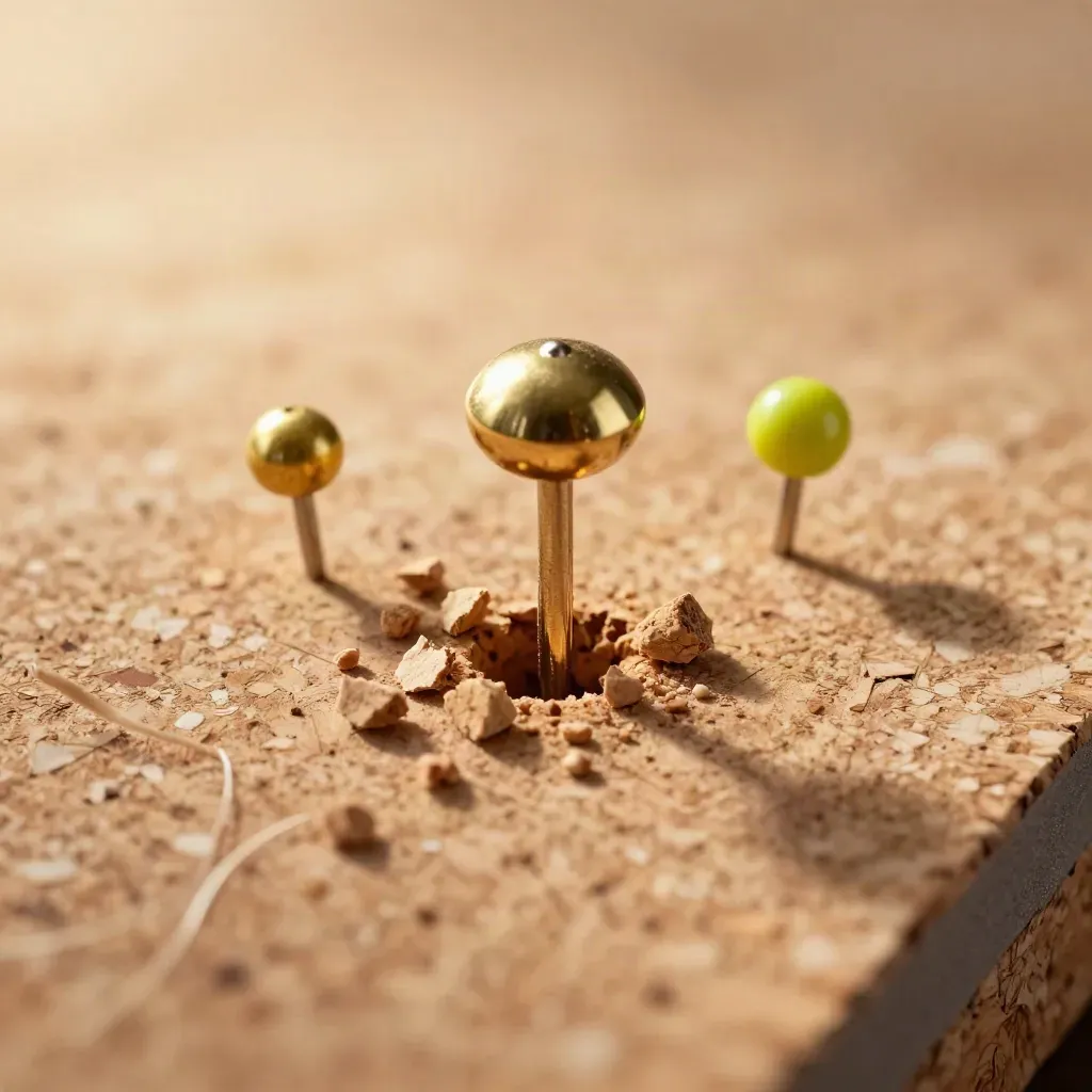 Extreme macro of a brass pushpin and two map tacks on cork with crumbs.