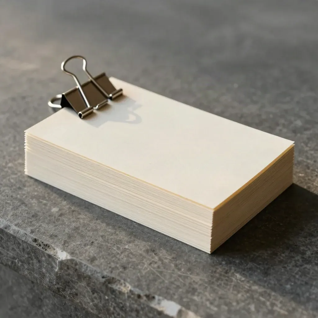 Binder-clipped blank index cards with metal tabs on a stone slab under dramatic light.