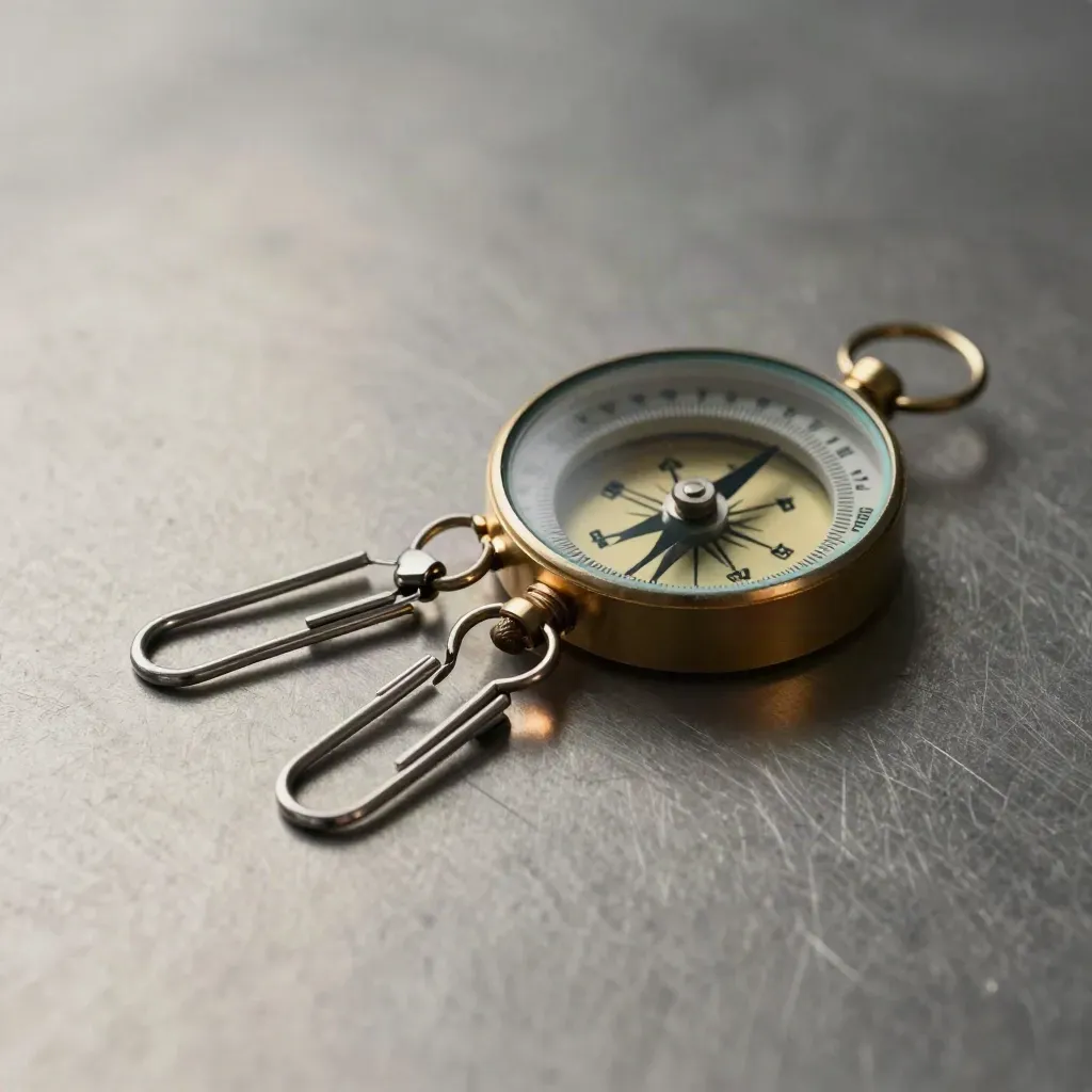 Aluminum route clips, compass, and cord on brushed metal with soft directional light.
