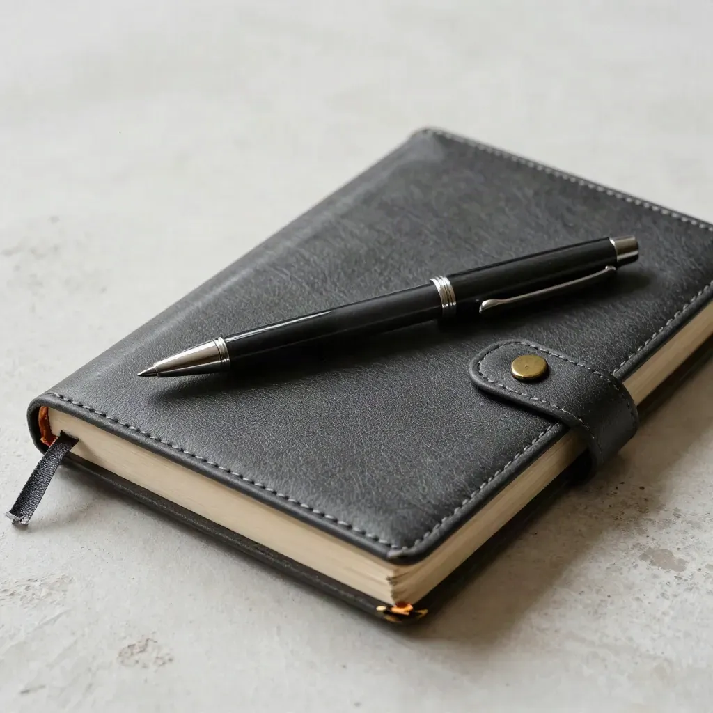 Closed field notebook, graphite pen, and brass marker on pale plaster in soft light.