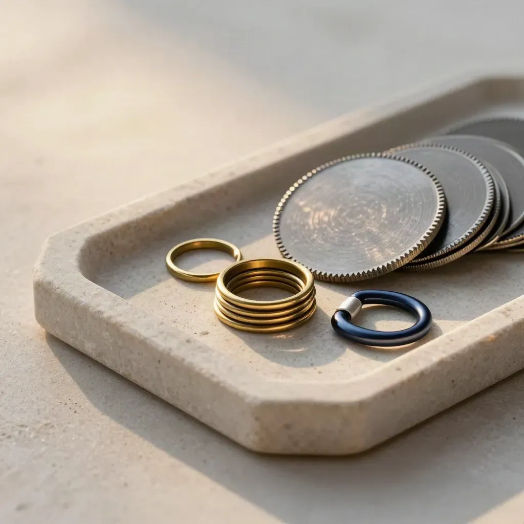 Waypoint disks and brass rings in a shallow tray on pale stone.