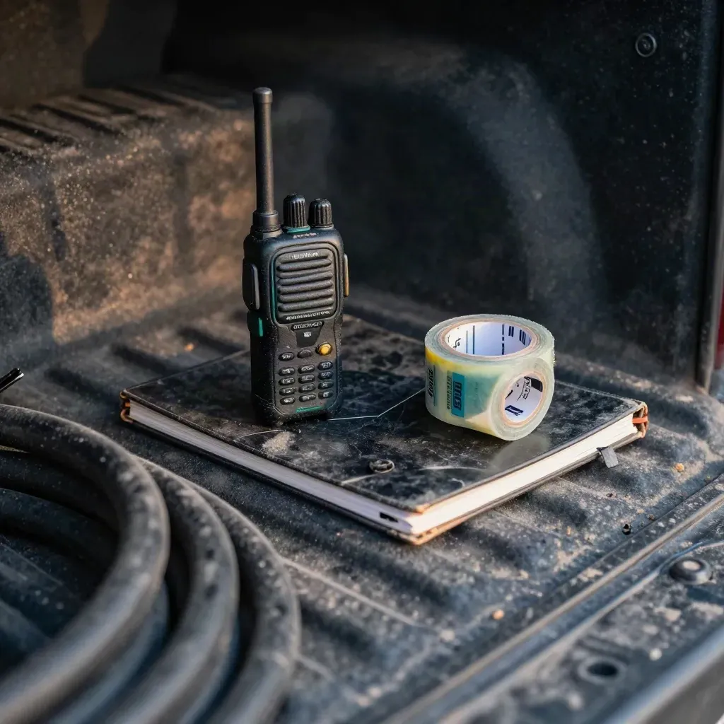 Rugged radio, sealed notebook, and marking tape in a dusty truck bed cubby