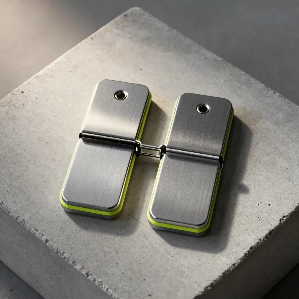 Two magnetic field markers linked by a steel bridge clip on concrete.