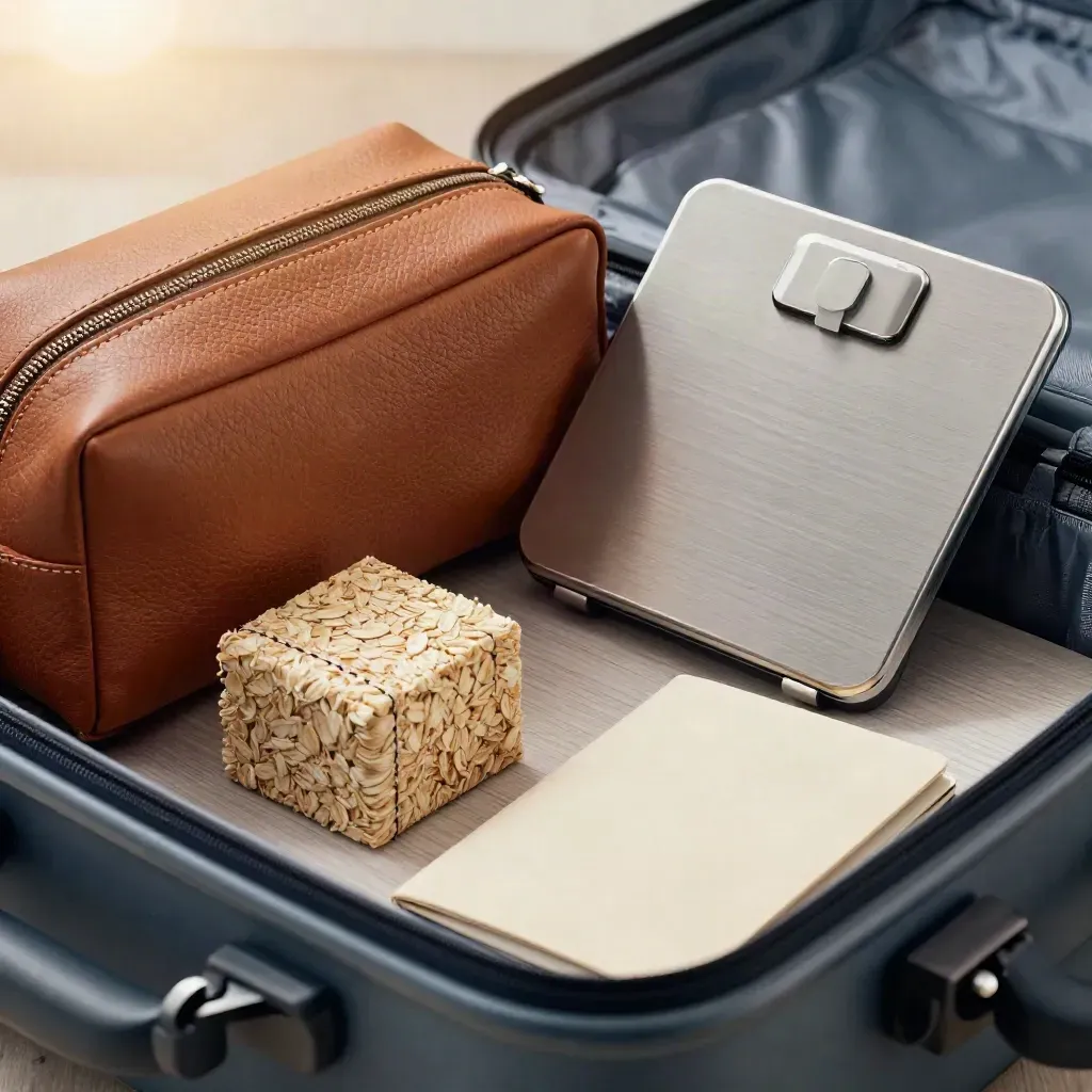 Leather travel pouch, luggage scale, packing cube and passport cover on pale wood, seen through suitcase lining.
