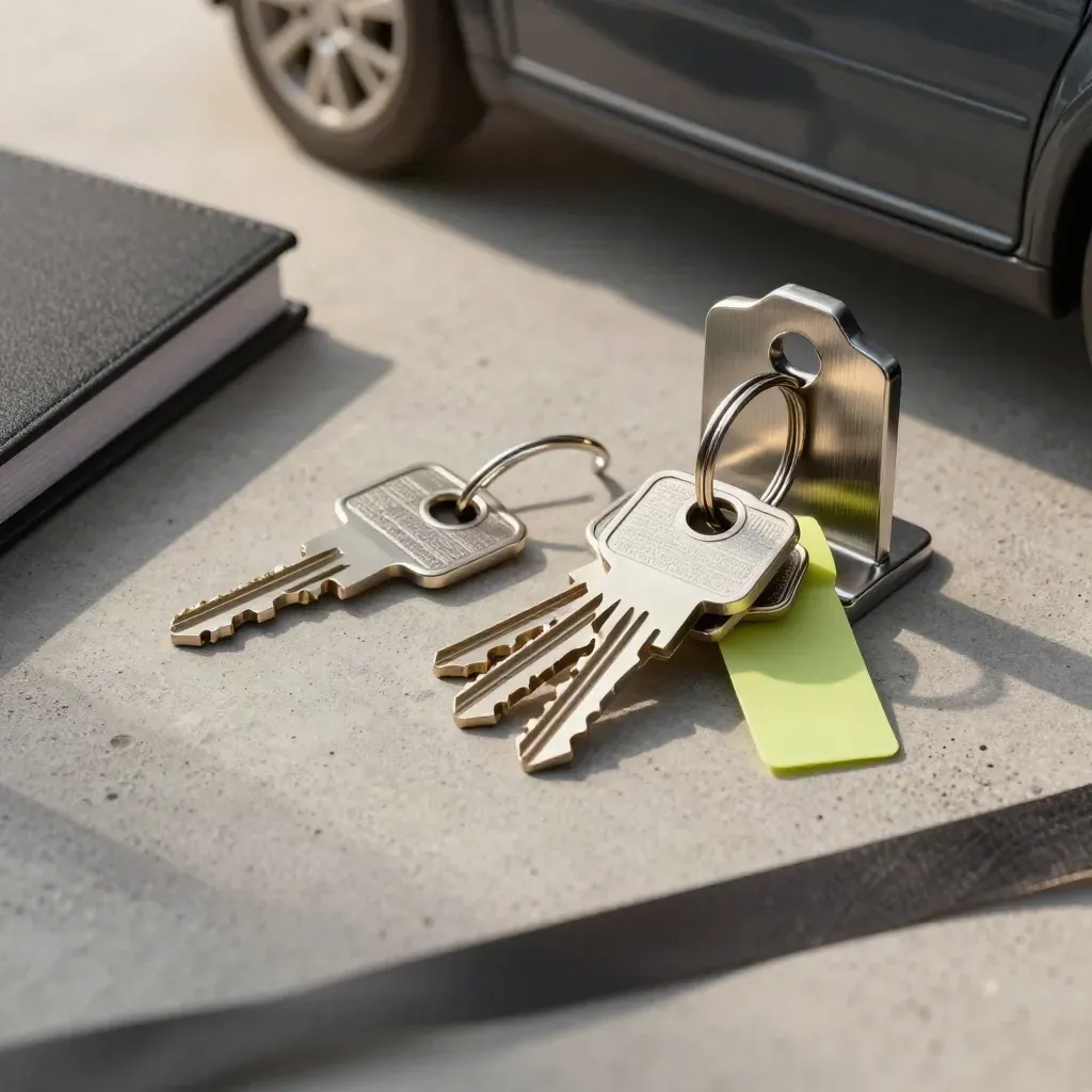 Top-down still life of site keys, lanyard clips, and a closed binder on concrete.