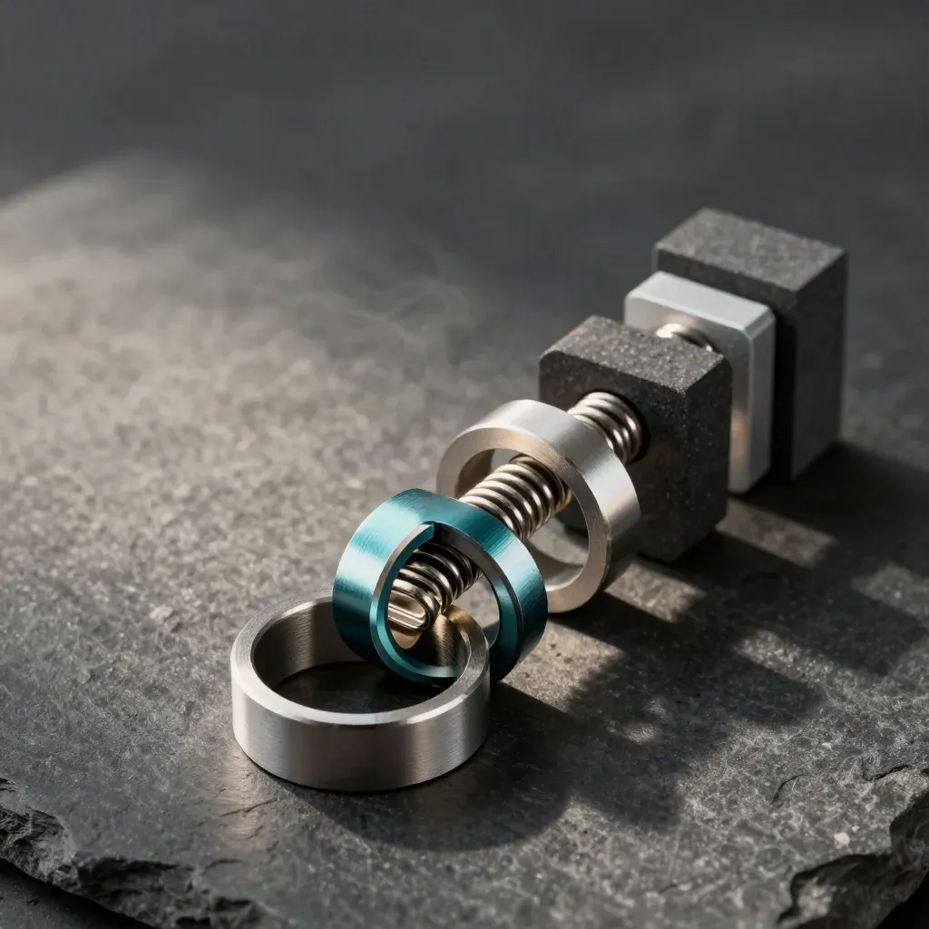 Linked aluminum rings, spring clip, and graphite blocks on stone with teal accent, dramatic studio light.