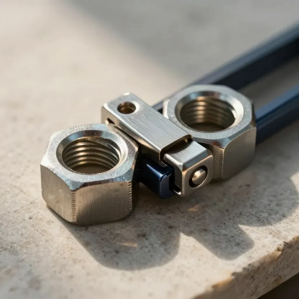 Macro of interlocking steel brackets and couplers clicking together on a matte stone surface.