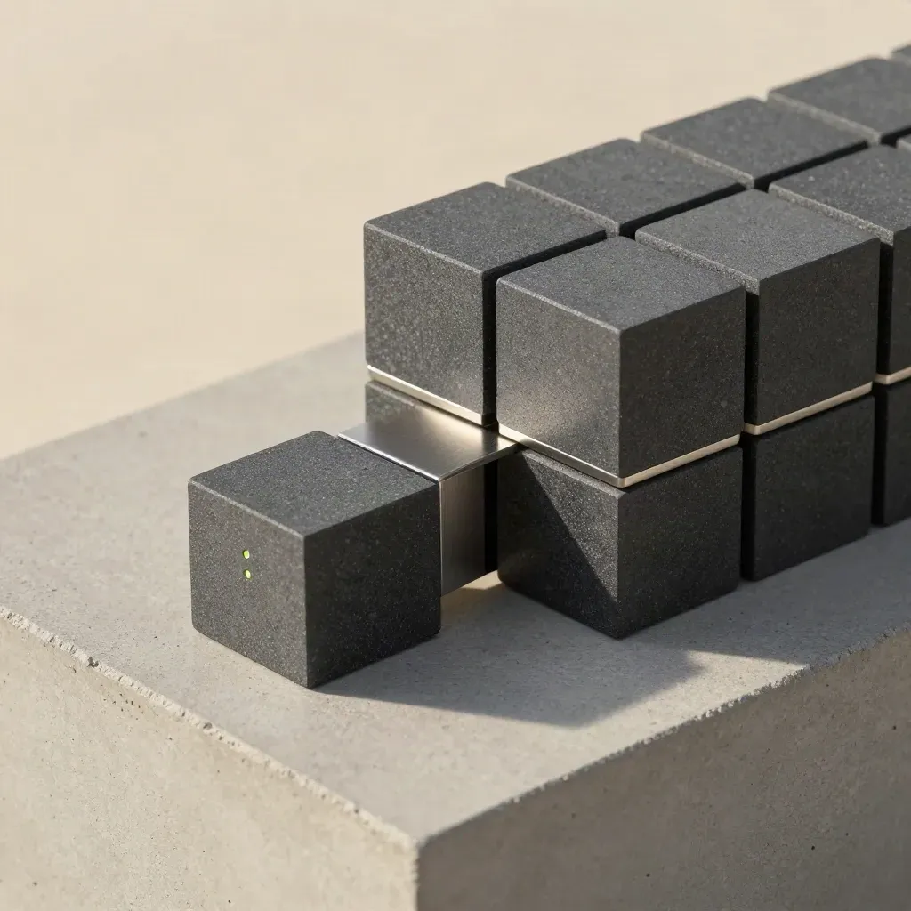 Macro still life of modular graphite cubes, a stone weight, and a metal connector on cool concrete.
