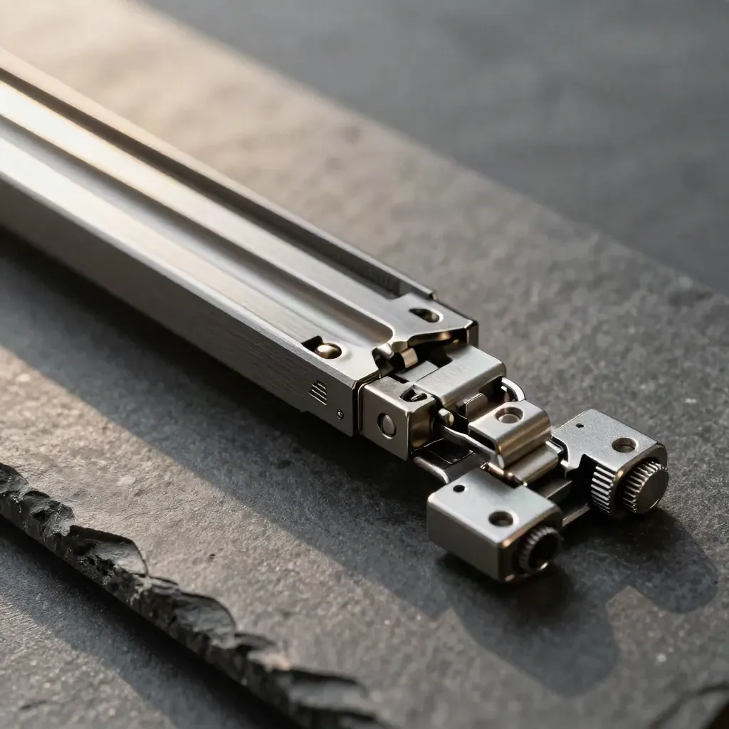 Precision metal guide rails, tabs and a hinge arranged on charcoal stone, seen from above.