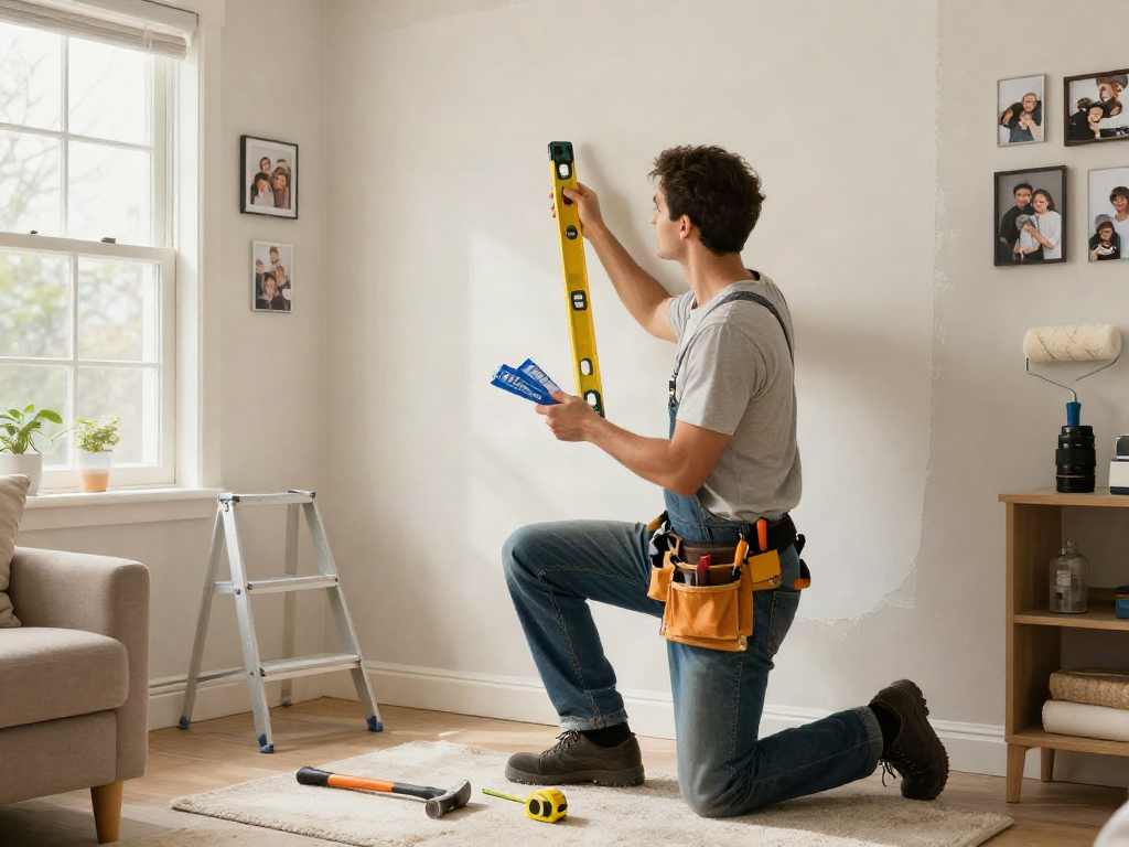 Home repair services Des Moines Iowa showcased in a cozy living room with a handyman repairing drywall, tools nearby, and warm lighting.